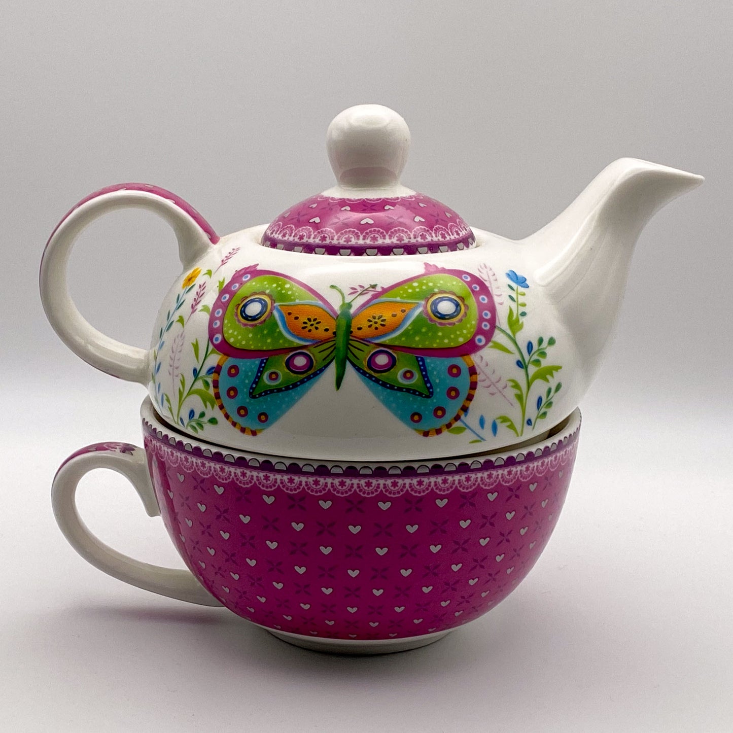 Tea-For-One Set: Porzellan Tee-Set "Schmetterlingstraum" - Teeservice aus Teekanne und Tasse
