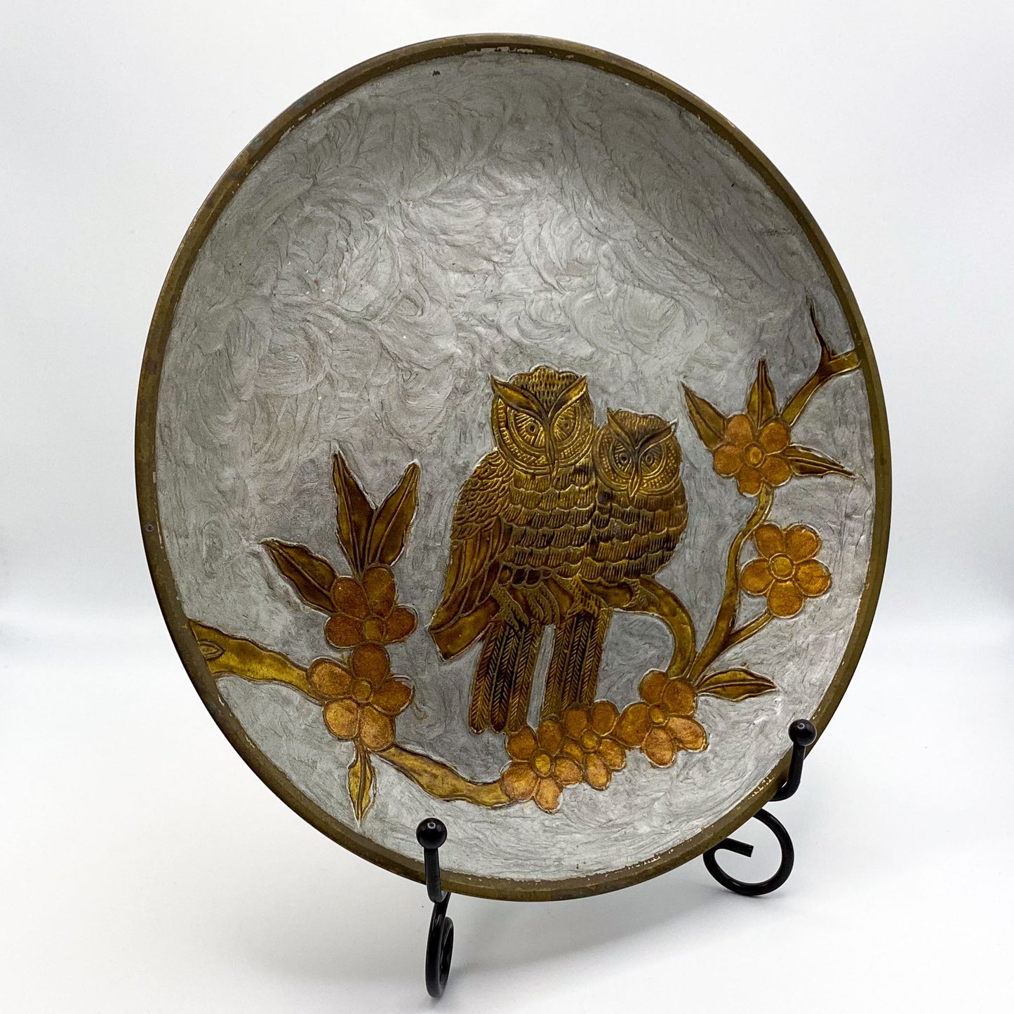 Vase: Emailliertes Messing mit handgemaltem Eulenmotiv - Passender Deko-Wandteller verfügbar