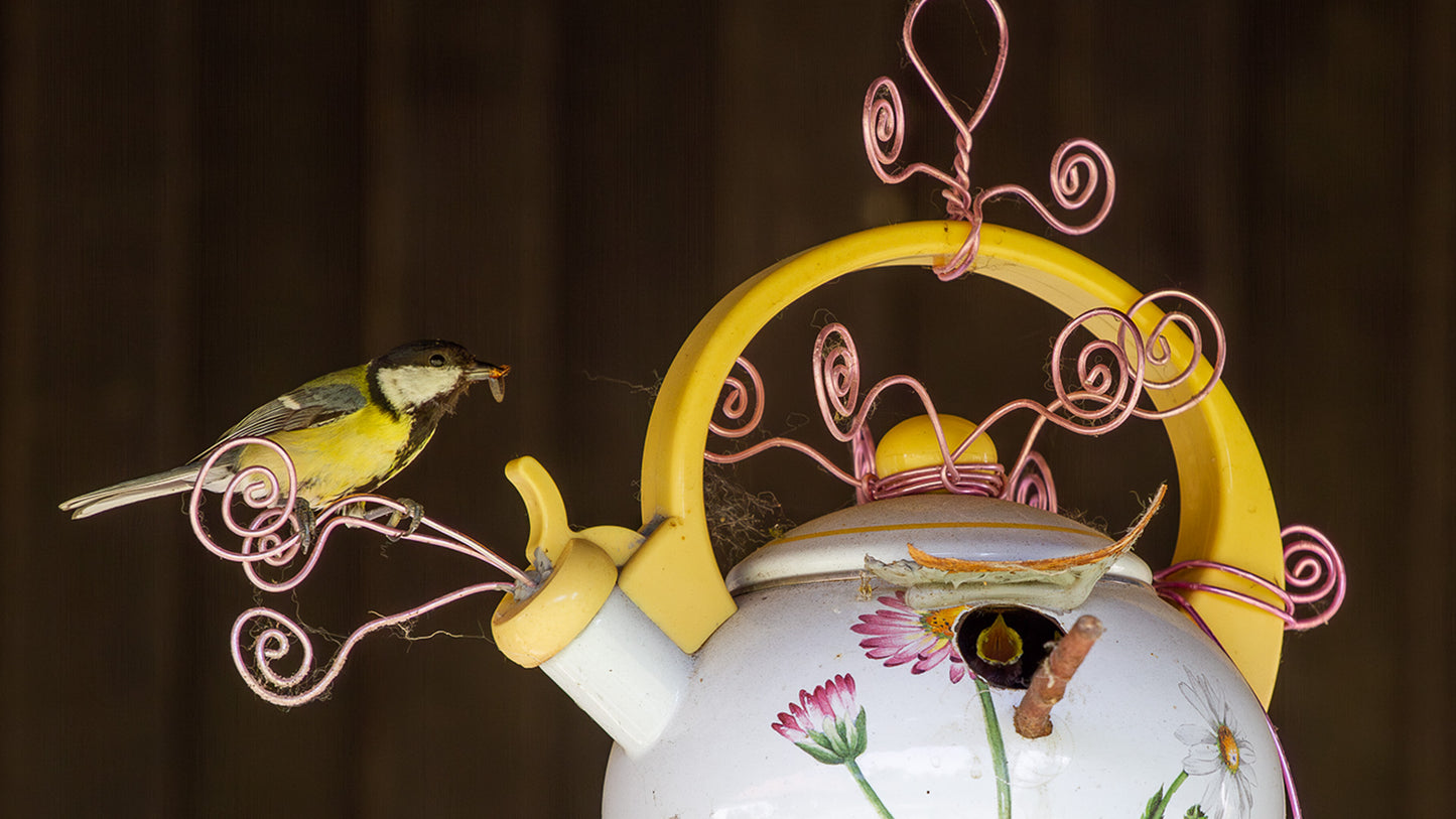 Vogelnistkasten handgefertigt aus einem alten Wasserkessel, Emaille, Zwiebelmuster, blau-weiß - Unikat - Gartendeko