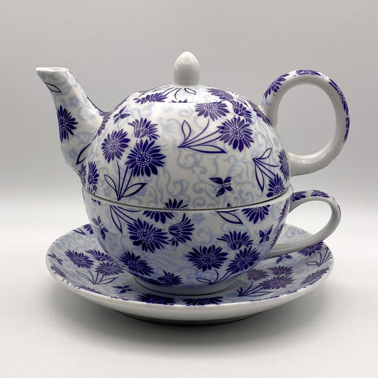 Tea-For-One Set: "Floral Dream" Teekännchen mit Teetasse - Becher und Unterteller bzw. Servierteller - blau-weiss